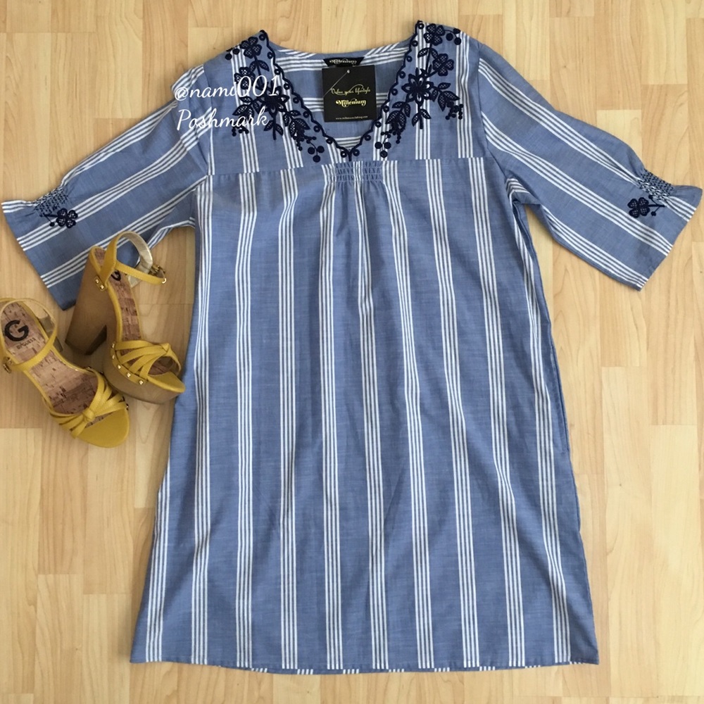 Adorable Vertical Stripe Shift Dress with Pockets - Picture 1 of 6